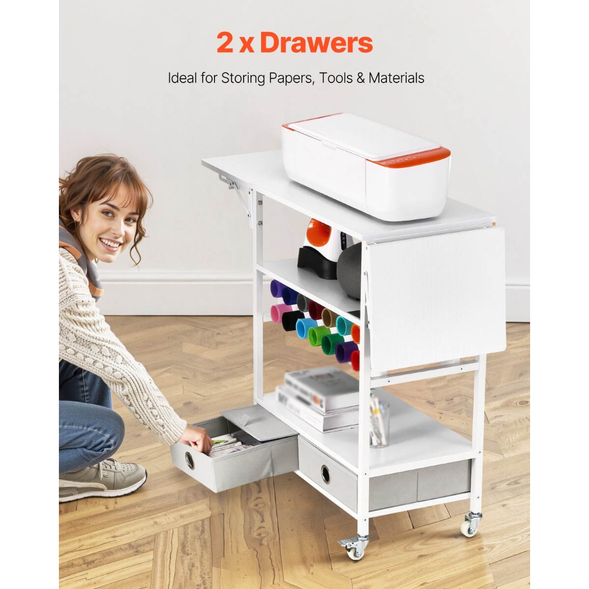 Foldable Rolling Craft Organizer with 2 Drawers and Vinyl Rack Ideal for Creative Spaces