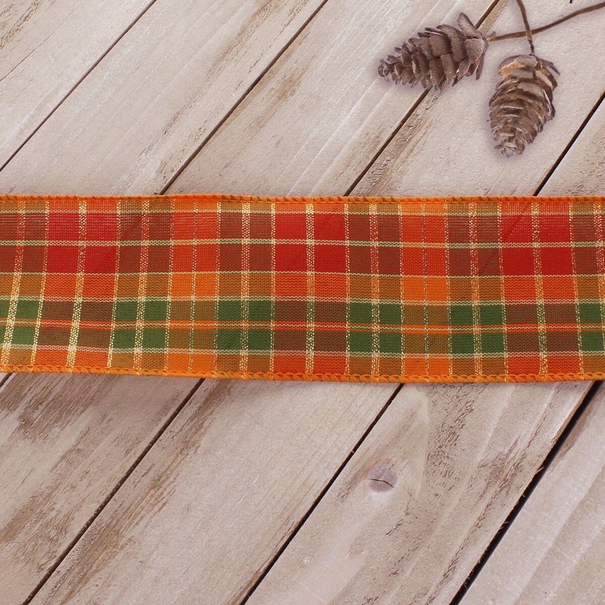 2 1/2&#x22; Wired Ribbon Fall Traditional Plaid Orange/Green 10 Yards