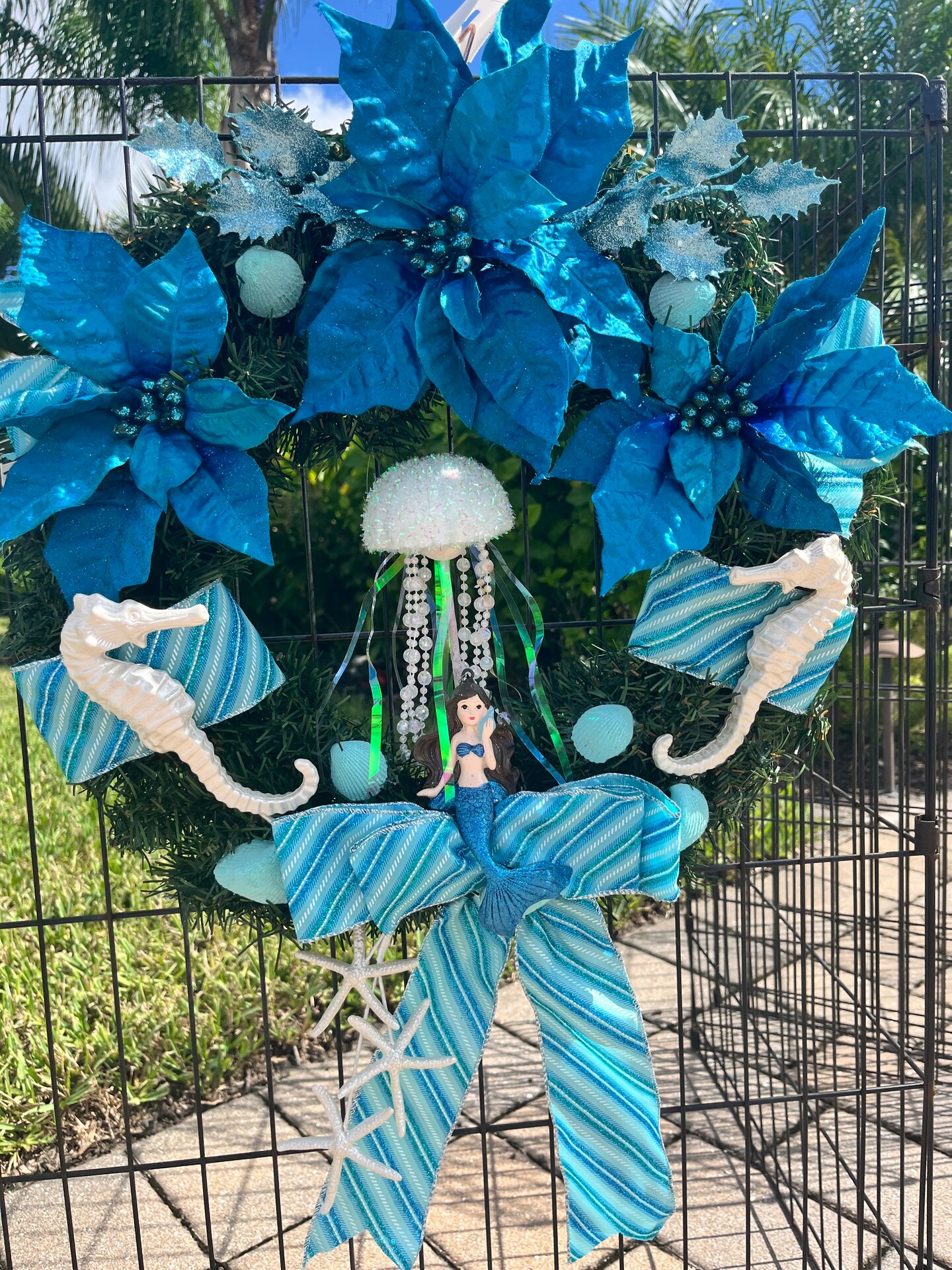 Mermaid Christmas Wreath; Seashell and Seahorse, Blue Poinsettias