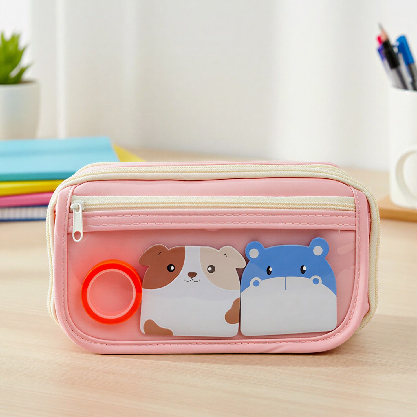 Wrapables 9-Layer Large Capacity Pencil Case with Transparent Compartment, Organizer Pouch for Stationery Tools, Makeup, and Travel, Pink