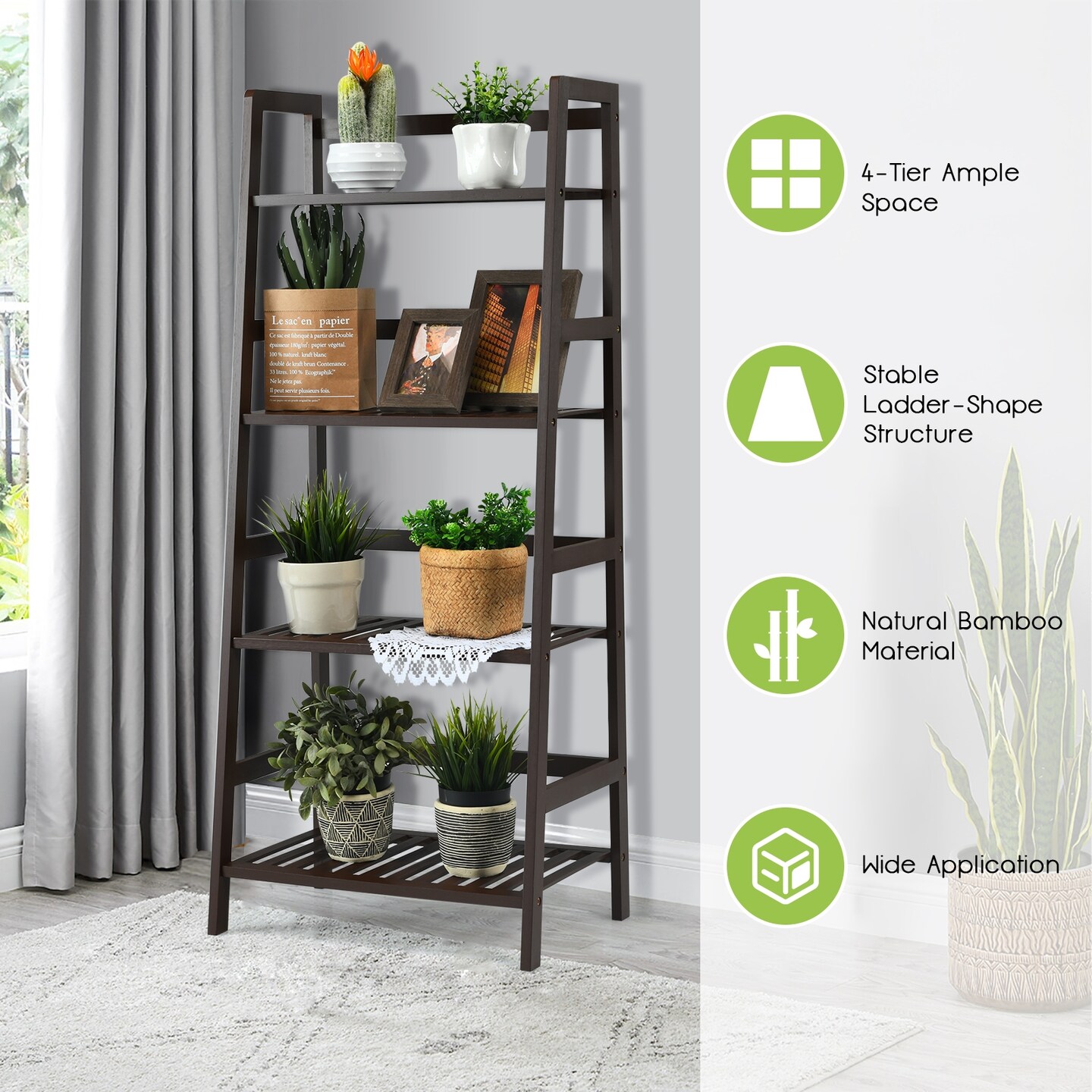 4 Tier Bamboo Ladder Shelf Plant Stand Storage Rack for Indoor Outdoor Use
