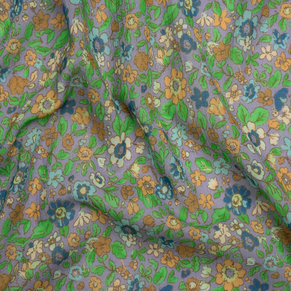 1 Yard Green, Orange and Purple Floral Crinkled Cotton Gauzy Fabric