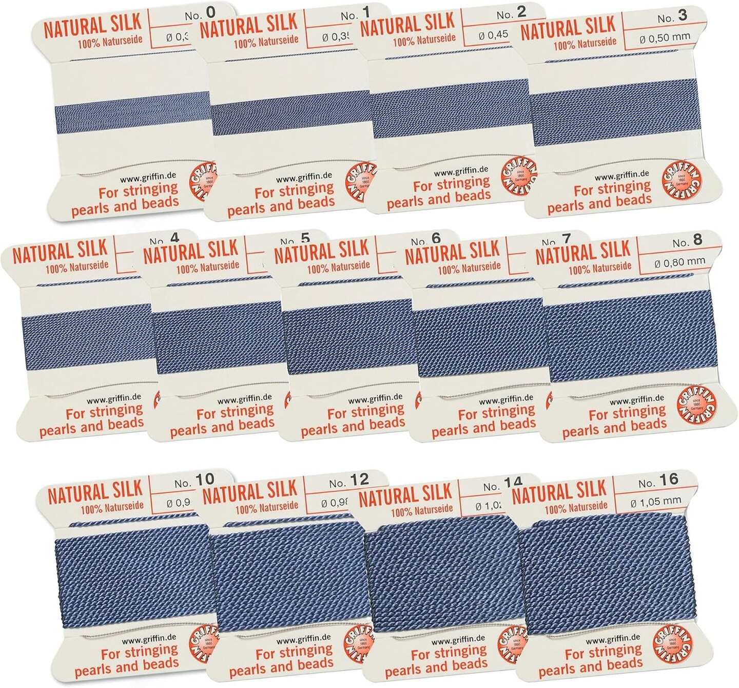 Griffin Silk Bead Cord Perlseide – Size Assortment 0-16 – 2 Meters per Card – Stainless Steel Needle Attached – for Knotting Pearls, Gemstones, Crystals and Beads