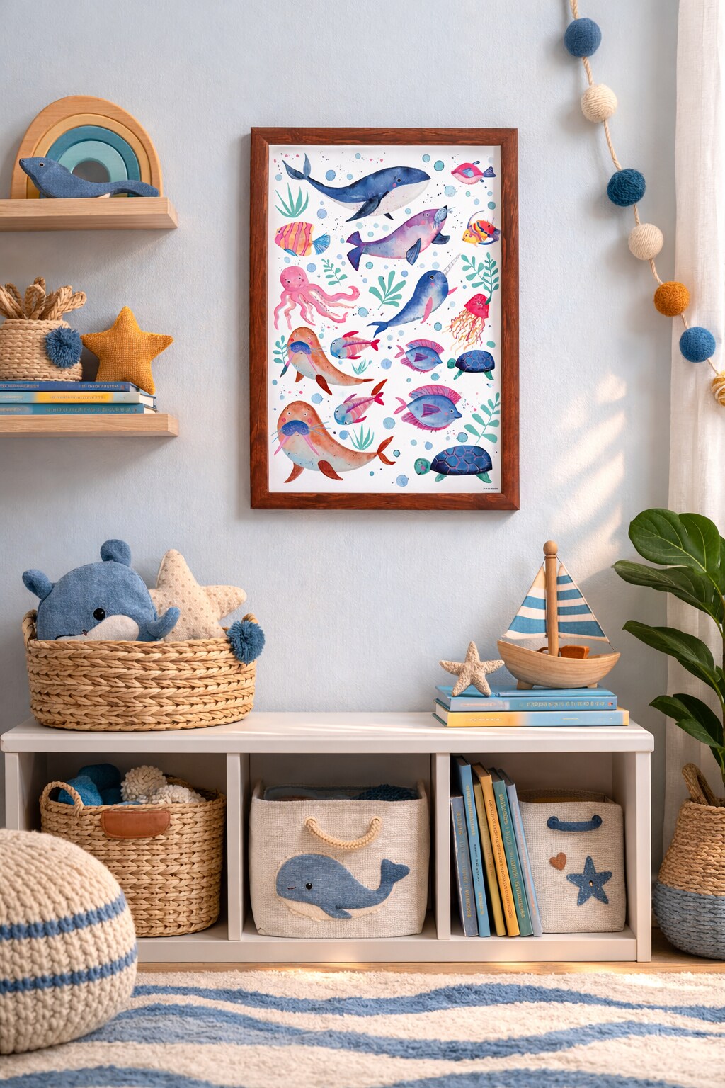 12" x 16" Cute and Quirky Nautical Animals Framed Wall Art, Contemporary Home Décor for Baby or Child's Room, Glass Facing and Hanging Hardware