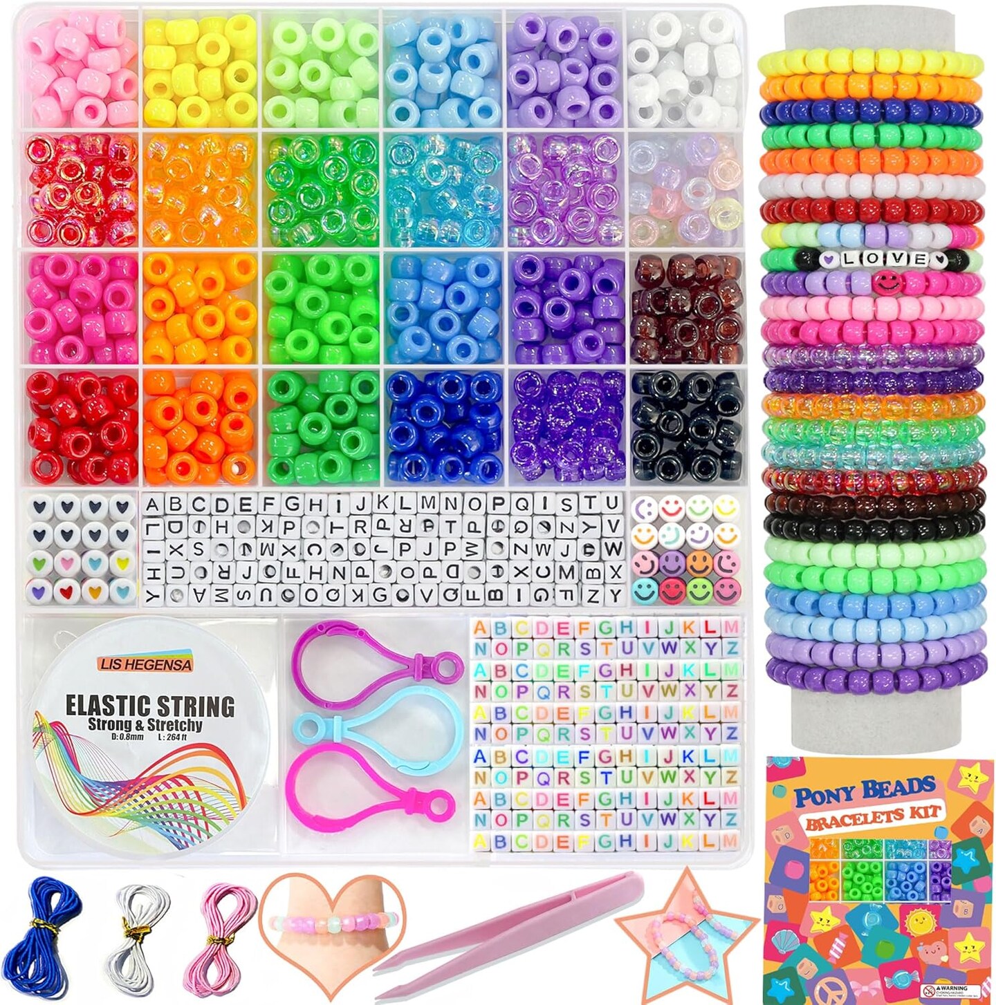 Pony Beads Bulk Kit – 1,000pcs in 24 Colors with Letter & Smile Beads | DIY Bracelet, Necklace & Hair Braiding Jewelry Making Kit for Girls & Kids