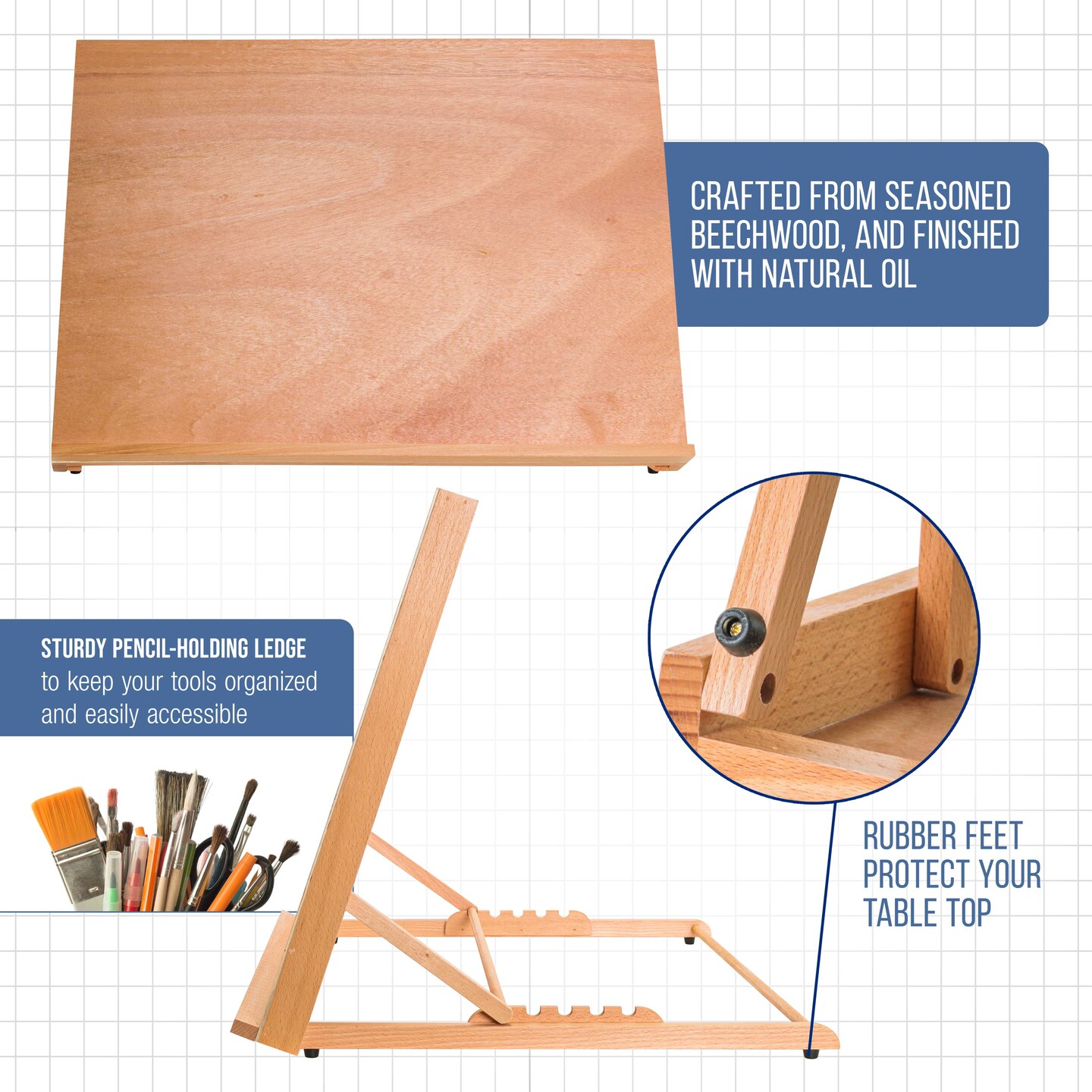 X-Large 25-5/8&#x22; x 19&#x22; (A2) Adjustable Wood Art Drawing Board - 5 Angles, Beechwood Construction, Pencil Ledge, Locking Storage Drawer - Perfect for Design, Drafting &#x26; Architecture