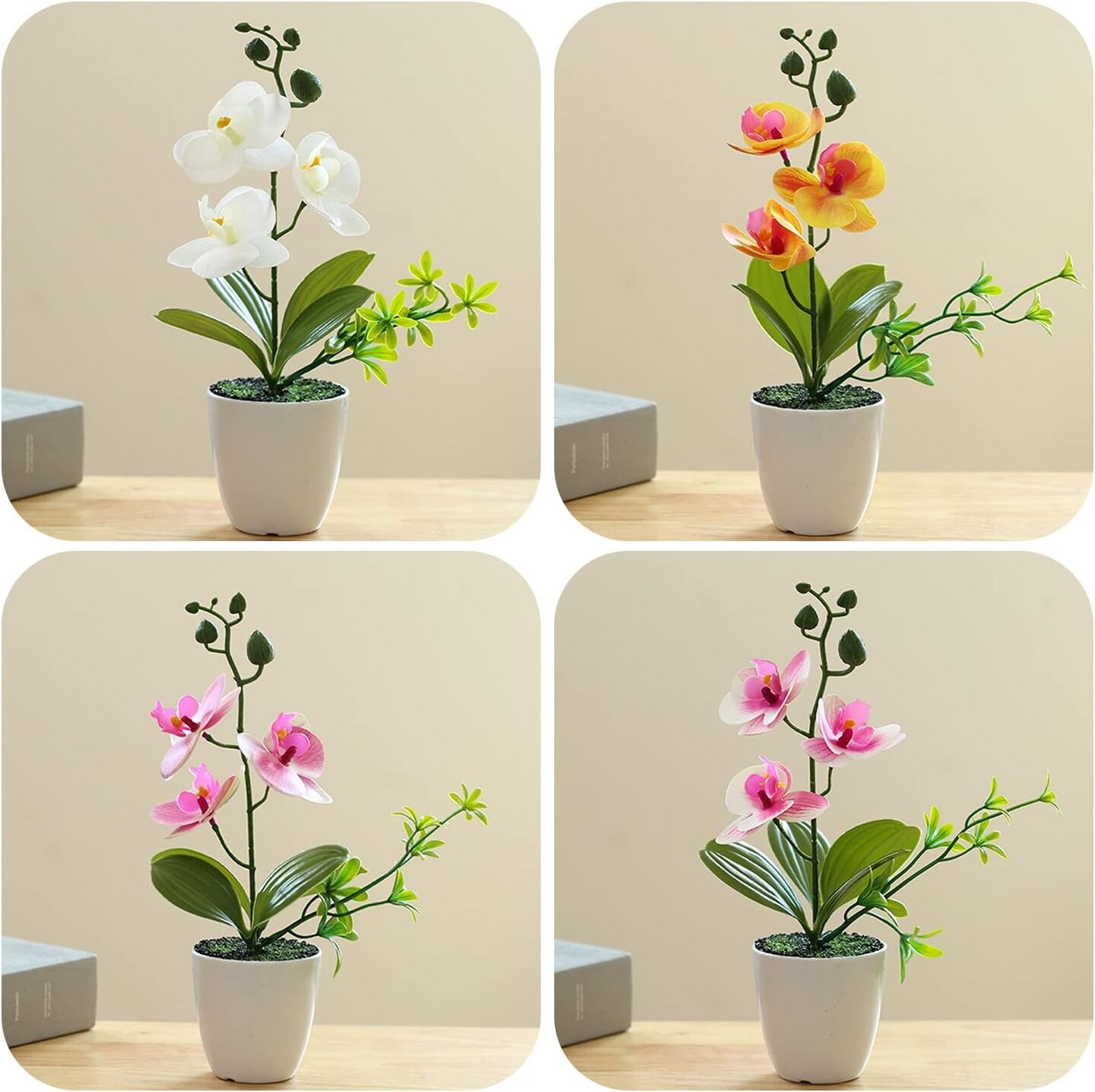 4Pcs Artificial Summer Potted Plants, Orchid Flowers Mini Potted Orchid Flowers Fake Orchids with Plastic Vase for Home Office Wedding Table Centerpiece