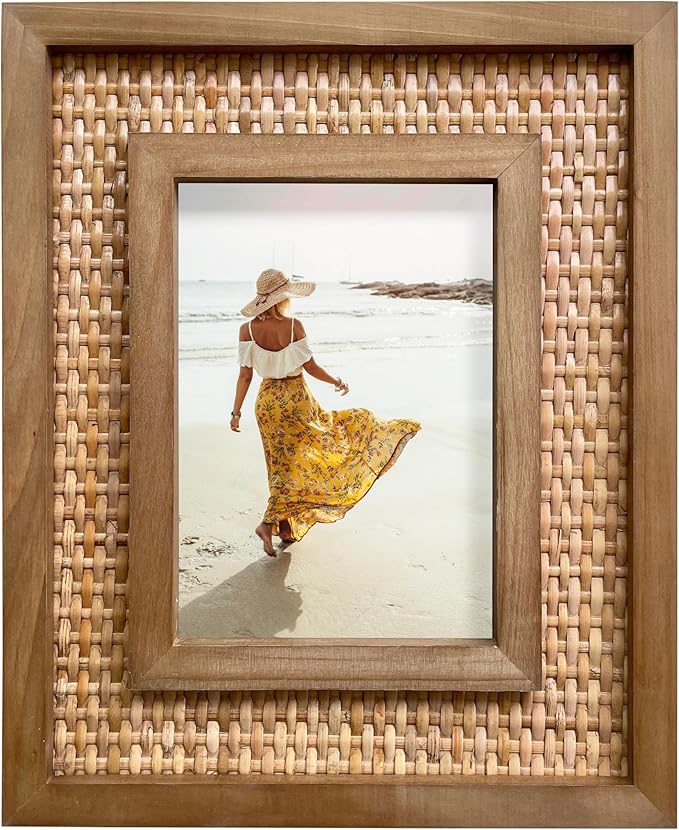 5x7 Handwoven Rattan Picture Frame Natural Coastal Photo Frame 9.5x11.5 Outer with Plexiglass Wall Hanging or Tabletop Stand Boho Home Decor
