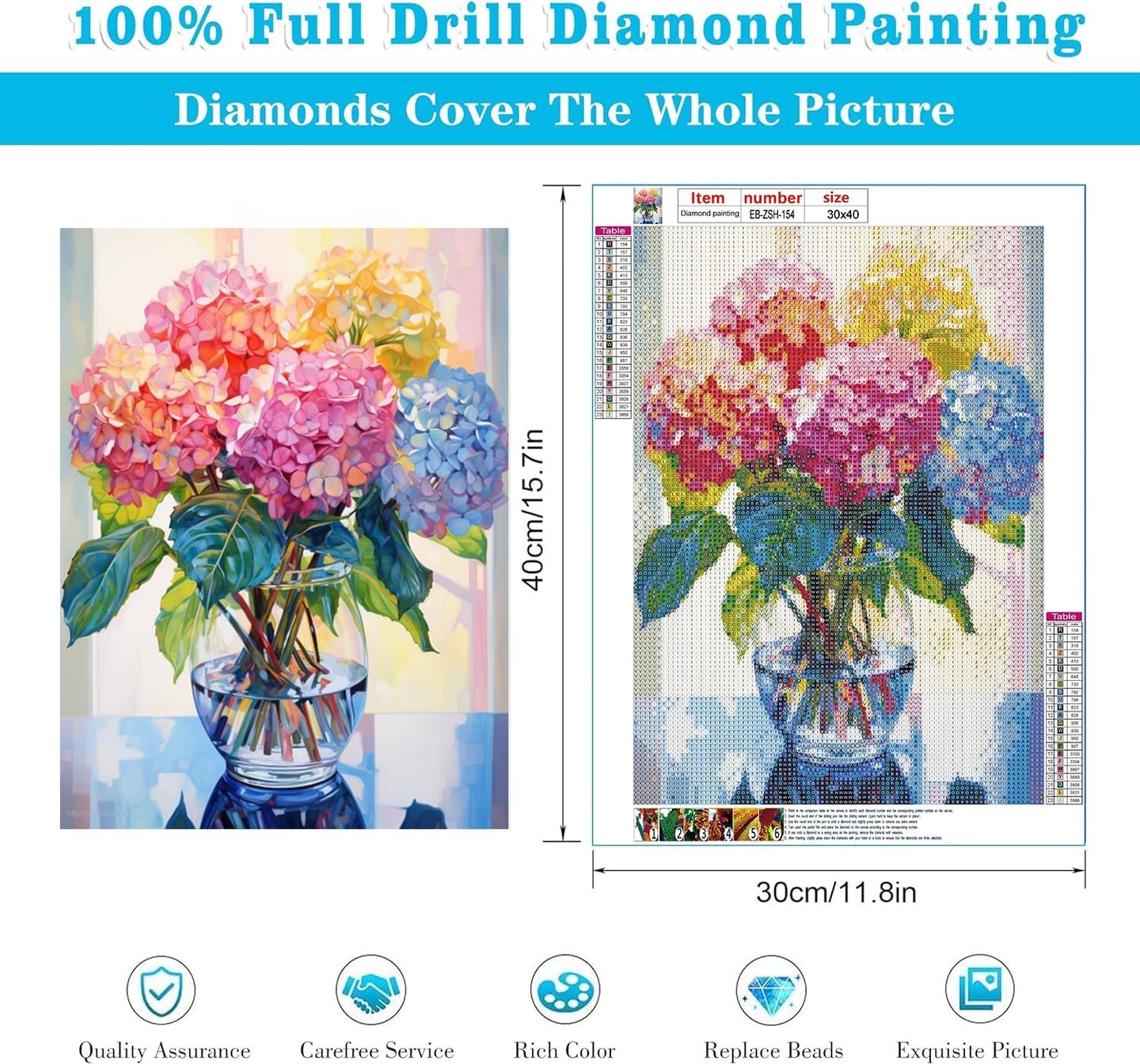 Hydrangea in Glass Diamond Painting Kit for Adults Beginners, 5D Full Drill Diamond Art Kit 11.8x15.7 Inch DIY Crystal Gem Painting Wall Decor Craft Set
