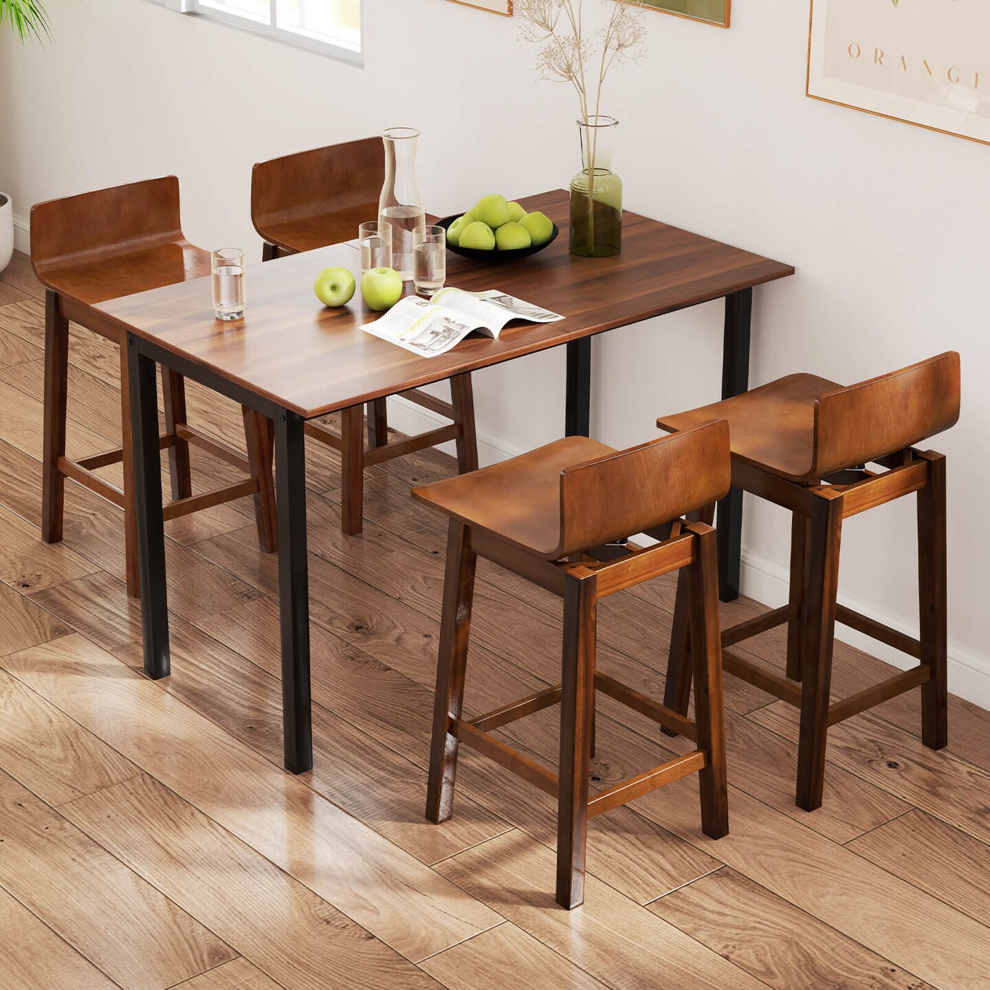 Costway 24.5" Counter Height Bar Stools Set of 2/4 with Footrest Solid Rubber Wood Legs Walnut/White/Black