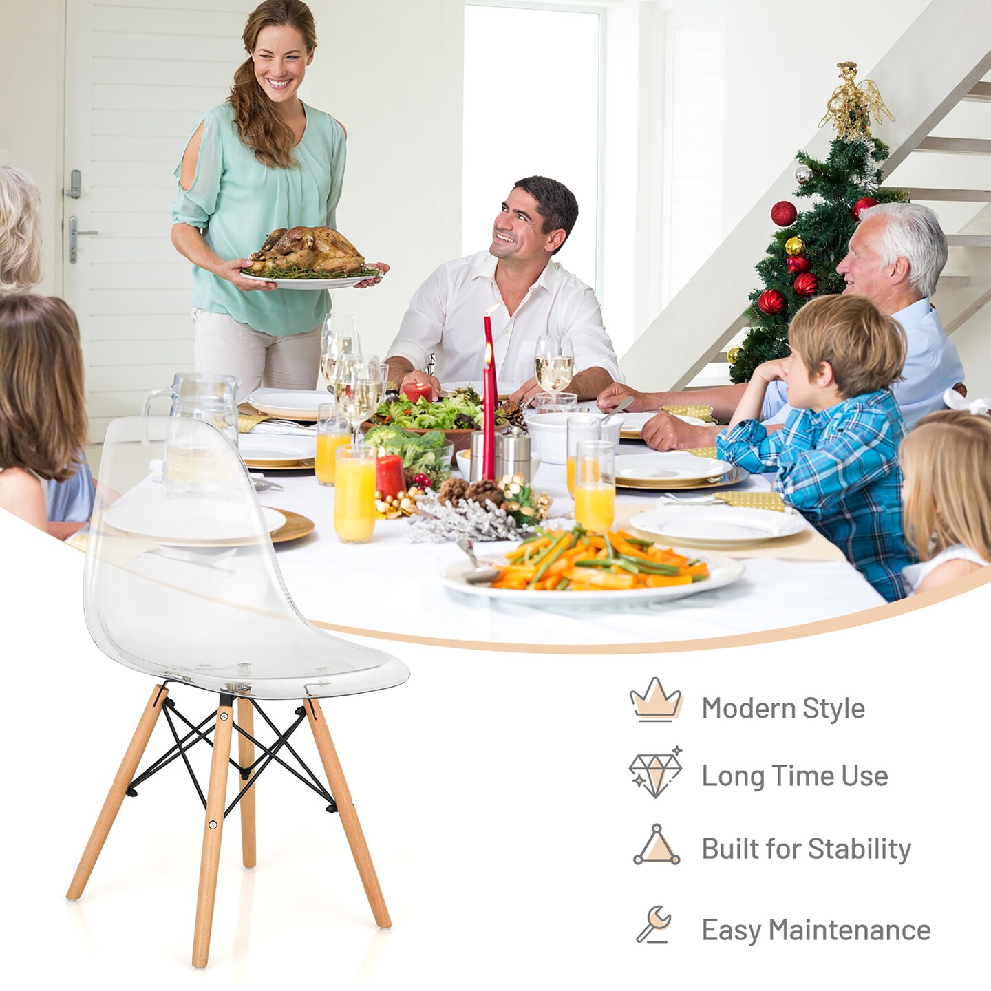 Costway Set of 4 Dining Chairs Modern Plastic Shell Side Chair w/ Clear Seat & Wood Legs