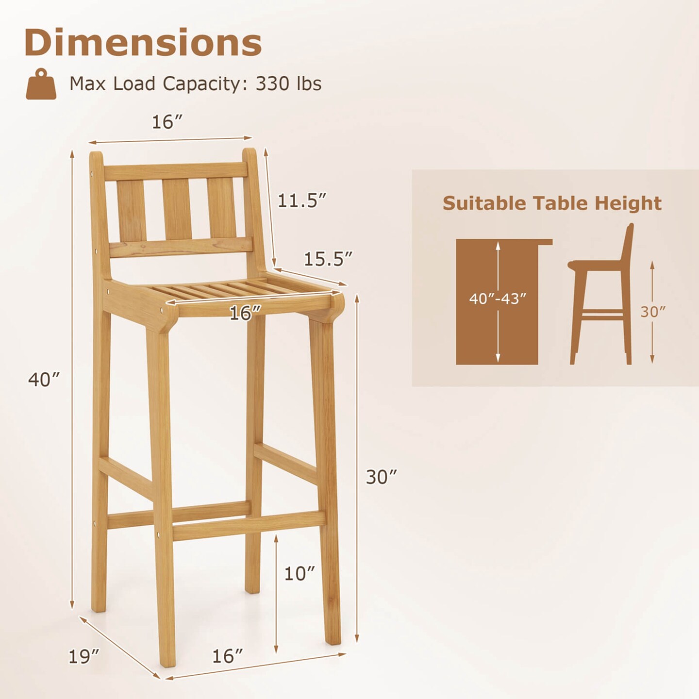 Costway 1/2/4 PCS 30" Teak Wood Bar Stool with Footrest & Backrest Wooden Bar Height Chair