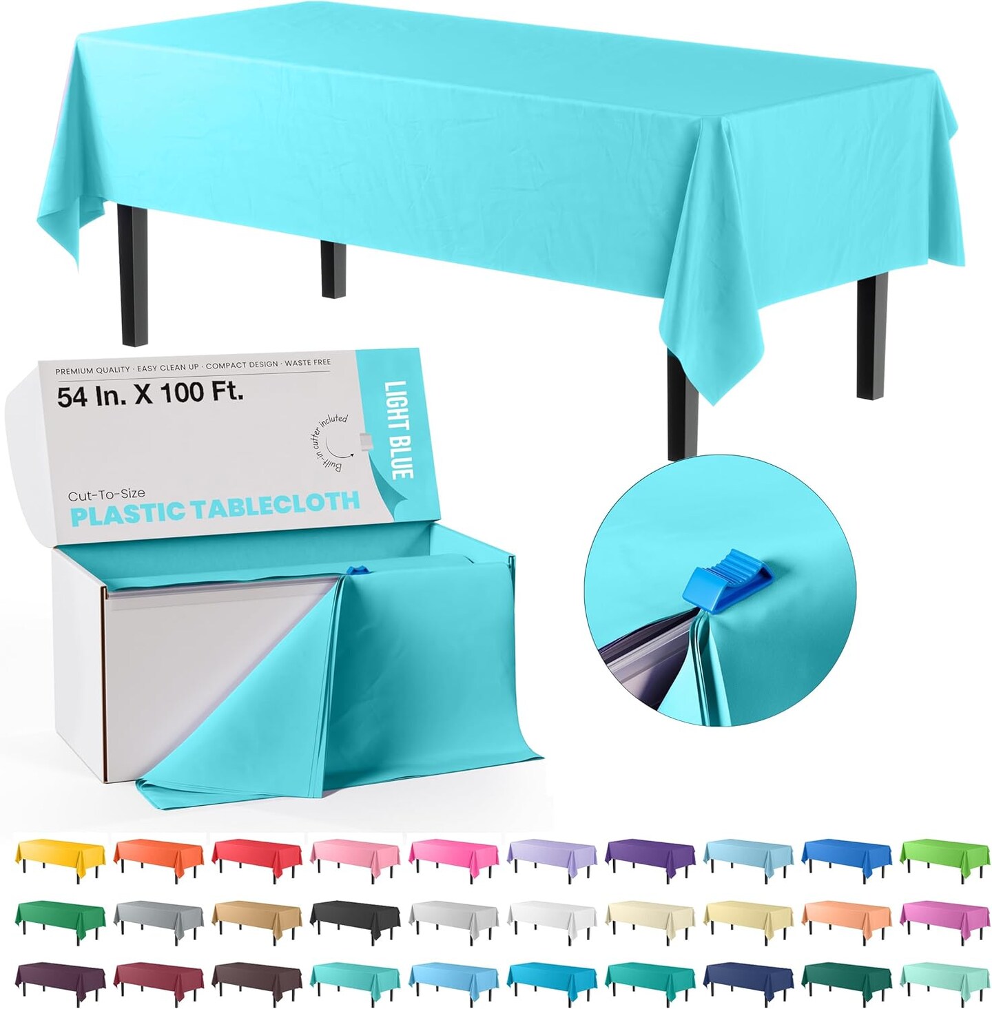 Exquisite Party Solids 54" x 100' Plastic Table Cover Roll with Slide Cutter – Cut-to-Size Dispenser Box – Makes Up to 12 Disposable 8' Rectangle Tablecloths