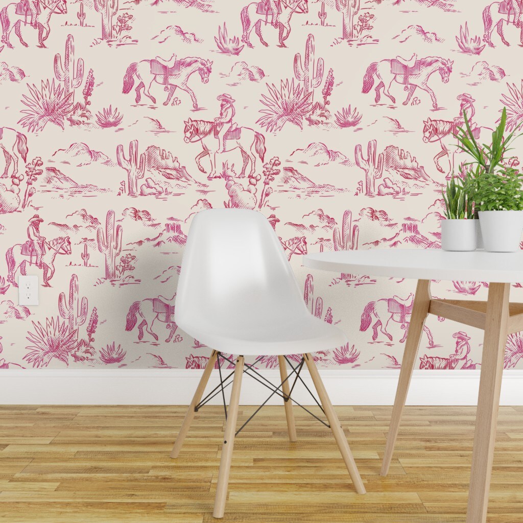 Peel &#x26; Stick Wallpaper 2FT Wide Western Landscape Cowboy Cactus Scenic Toile Custom Removable Wallpaper by Spoonflower