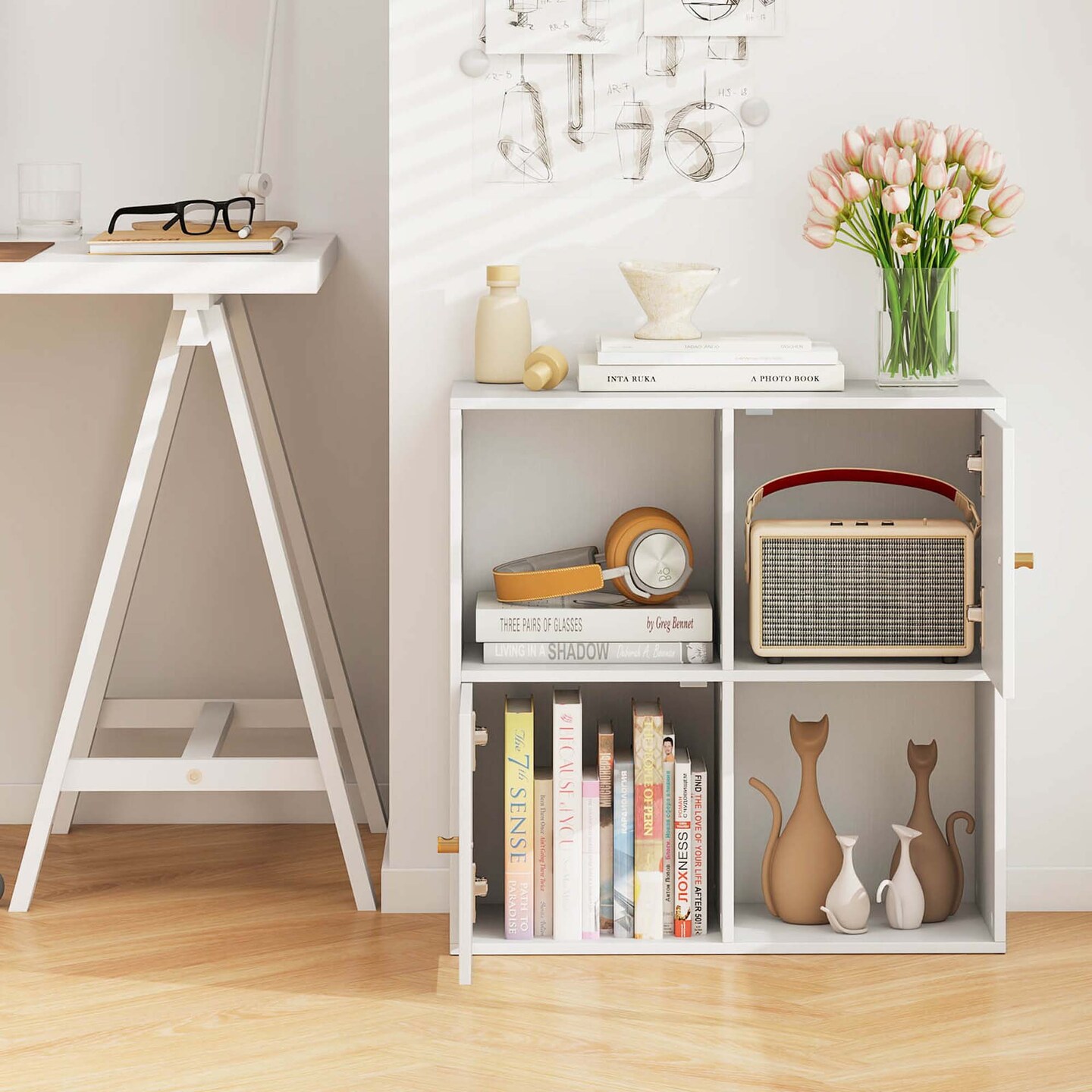 Costway 4-Cube Bookcase with Dual Anti-Tipping Kits &#x26; 2 Cabinets Storage Organizer White/Natural
