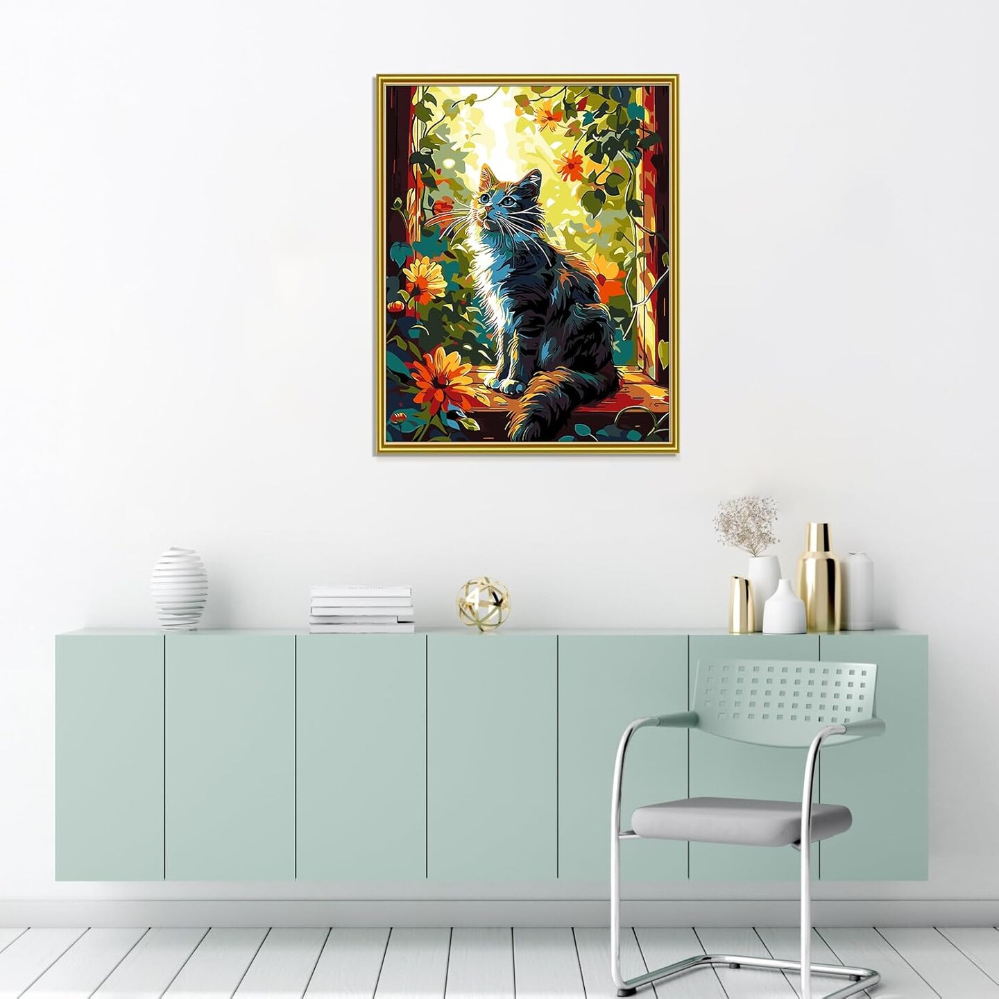 Cat Paint by Numbers Kit for Adults – DIY Floral Window Cat Painting on Canvas, Beginner-Friendly Animal Paint-by-Number Set for Relaxation, Gifts & Home Decor, 16x20 Inch