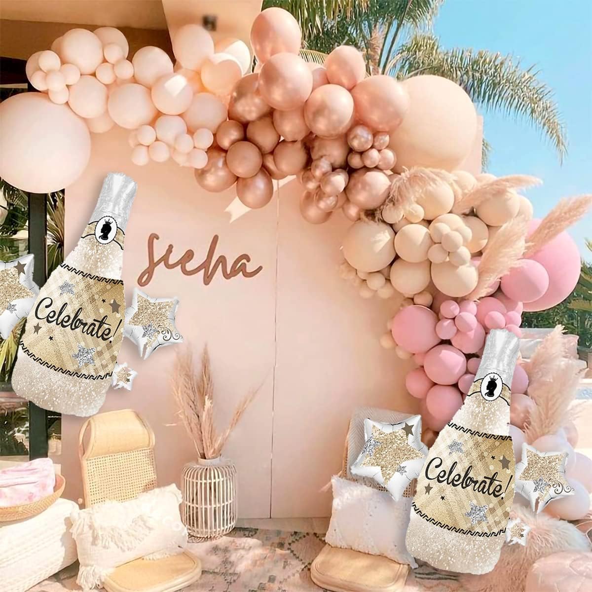 2Pcs Celebrate Champagne Balloons, Big Size Champagne Stars Glitter Aluminum Foil Balloons for Birthday Bachelor Wedding Graduation Party, 83x94 CM