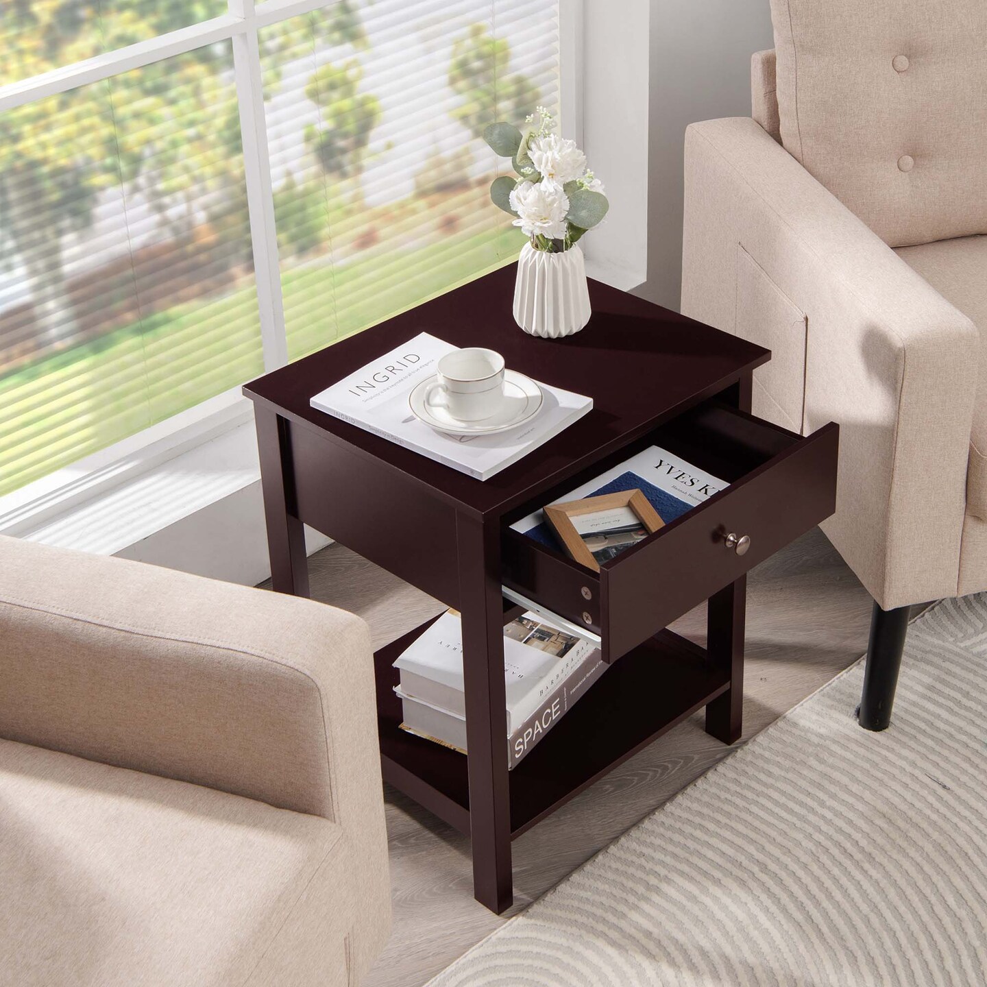 Costway Nightstand with Drawer Storage Shelf Wooden Bedside Sofa Side Table White\Brown