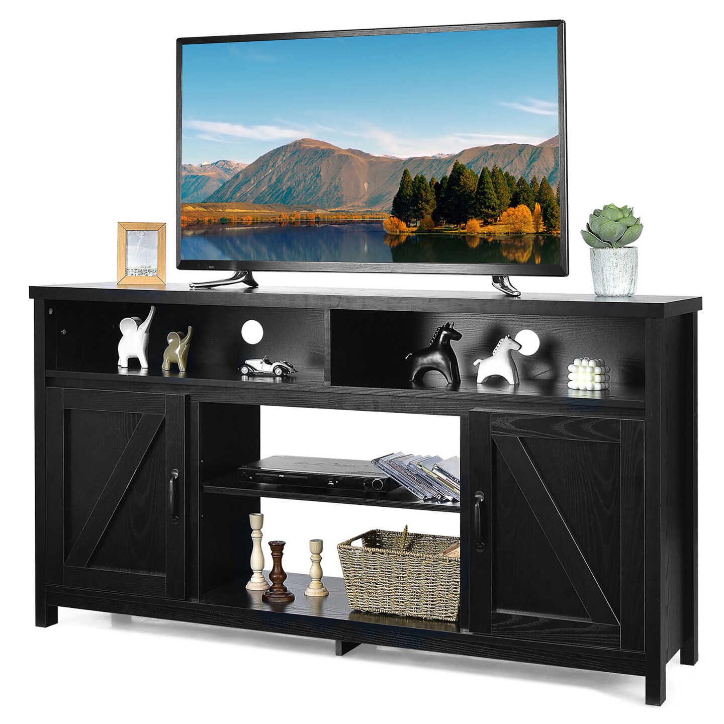 Costway 59&#x27;&#x27; TV Stand Media Center Console Cabinet w/ Barn Door for TV&#x27;s 65&#x27;&#x27; Natural\Black\Coffee