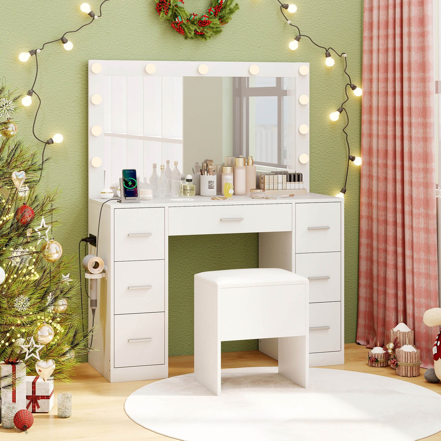 Costway Vanity Desk with Mirror and Lights Storage Stool Power Outlets 3 Lighting Colors
