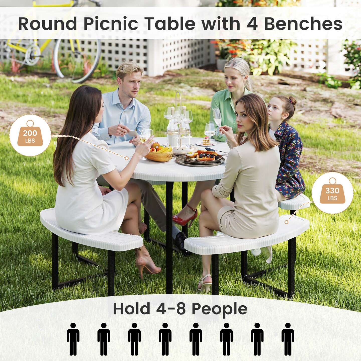 Costway Round Picnic Table Bench Set with 4 Benches Umbrella Hole All Weather Tabletop White/Green/Gray/Black