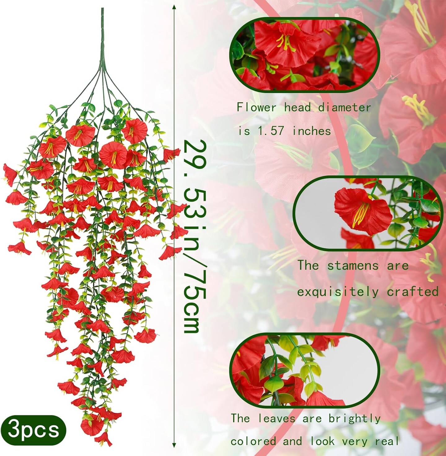 3 Pcs Artificial Hanging Flowers (Red 2) 15.74"D x 15.74"W x 29.53"H