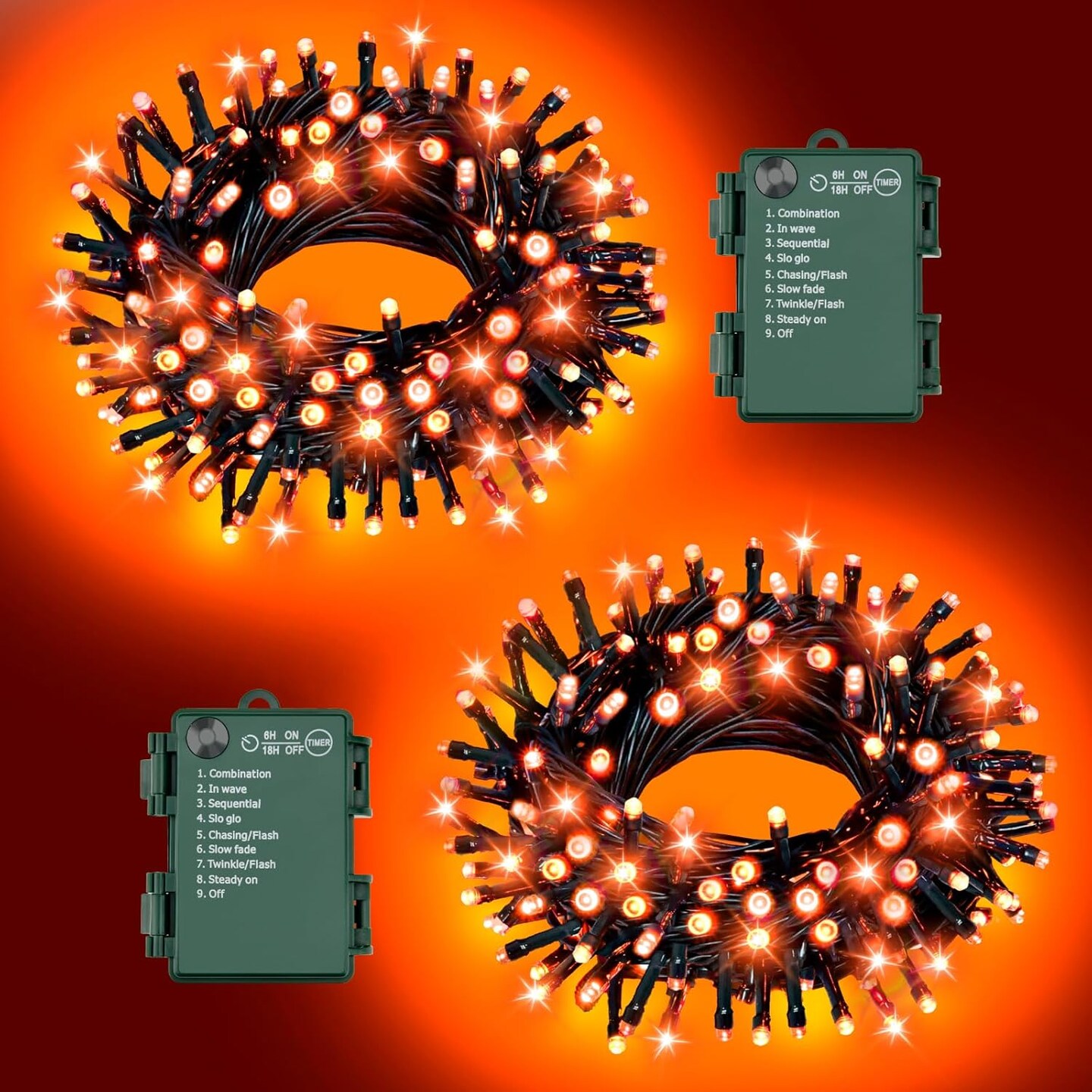 Halloween Orange String Lights, 2-Pack 33 ft Total (16.4 ft × 2) 100 LED Battery Operated Lights – 8 Modes, Timer, Waterproof Indoor/Outdoor Halloween Decorations