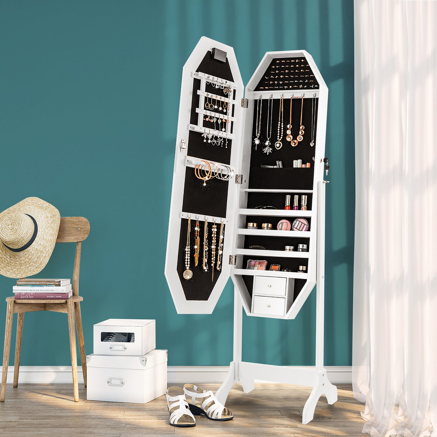 Costway Standing Jewelry Cabinet Armoire Organizer LED Light Mirror Lockable White