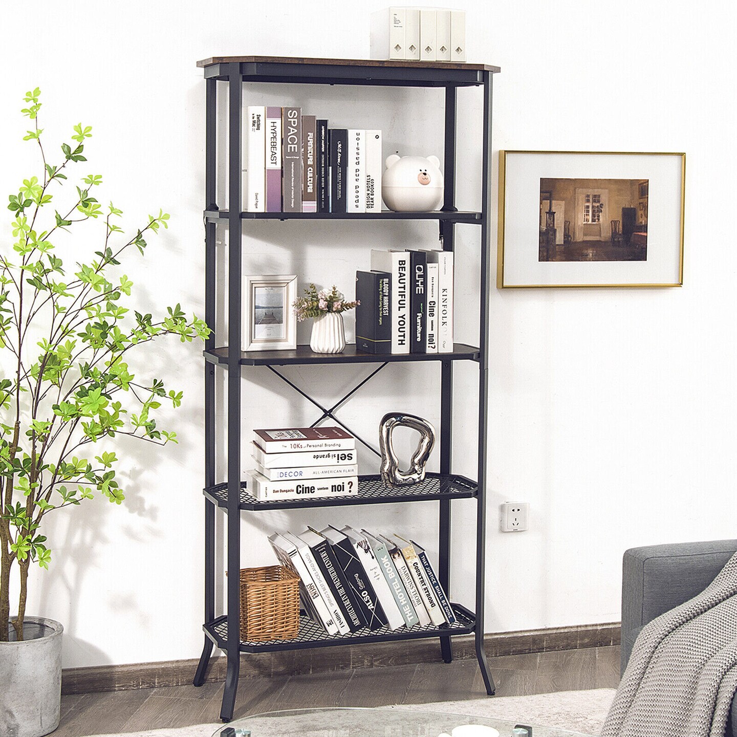 Costway 5 Tier Bookshelf Standing Storage Shelf Unit for Kitchen Living Room Office
