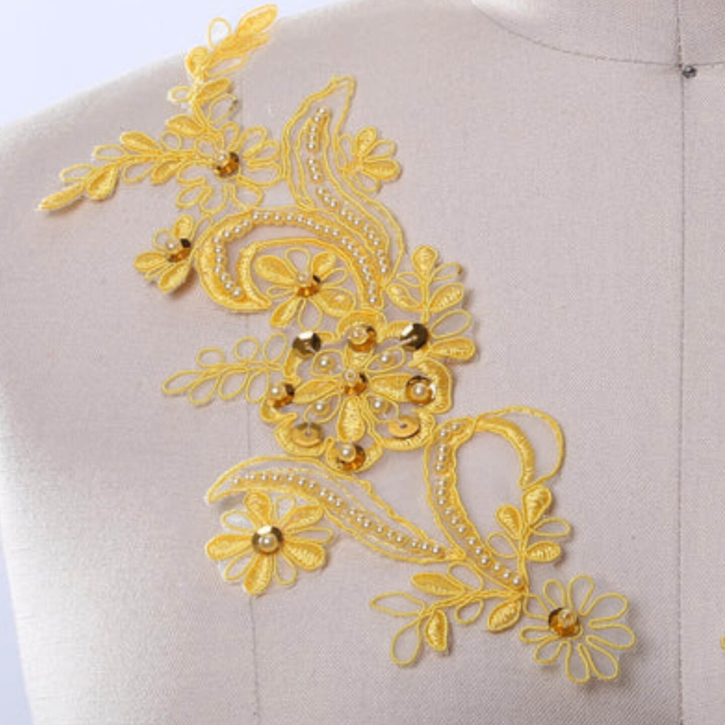 2 Yellow Alencon Lace Appliques with Beads and Sequins for Gowns and Costumes