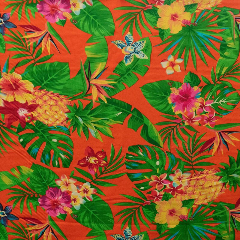 1 Yard Pineapple Tropical Flowers & Leaves Cotton Fabric 100% Cotton, 45” Wide