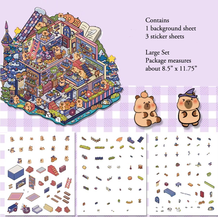 Cute Halloween Isometric Stickers, Capybara Party Room Scene, Large Size, Adorabilities