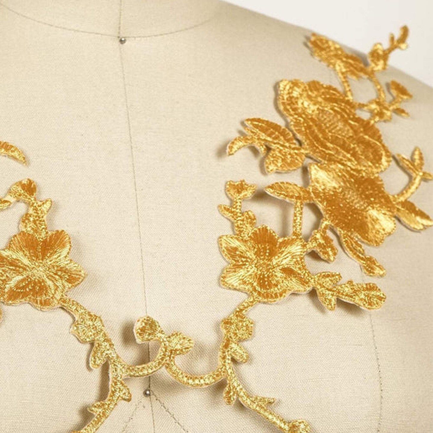 2 Pieces 9.75" x 4.75" Gold Floral Appliques Metallic Embroidered Iron-On Patch Pair for Dresses, Jackets & DIY Crafts