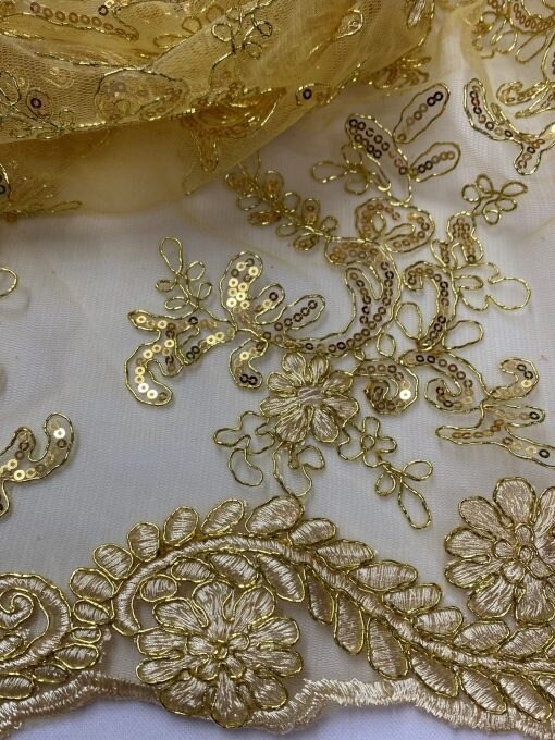 1 Yard Gold Corded Sequin Lace Mesh Fabric with Scalloped Edge 54&#x201D; Wide