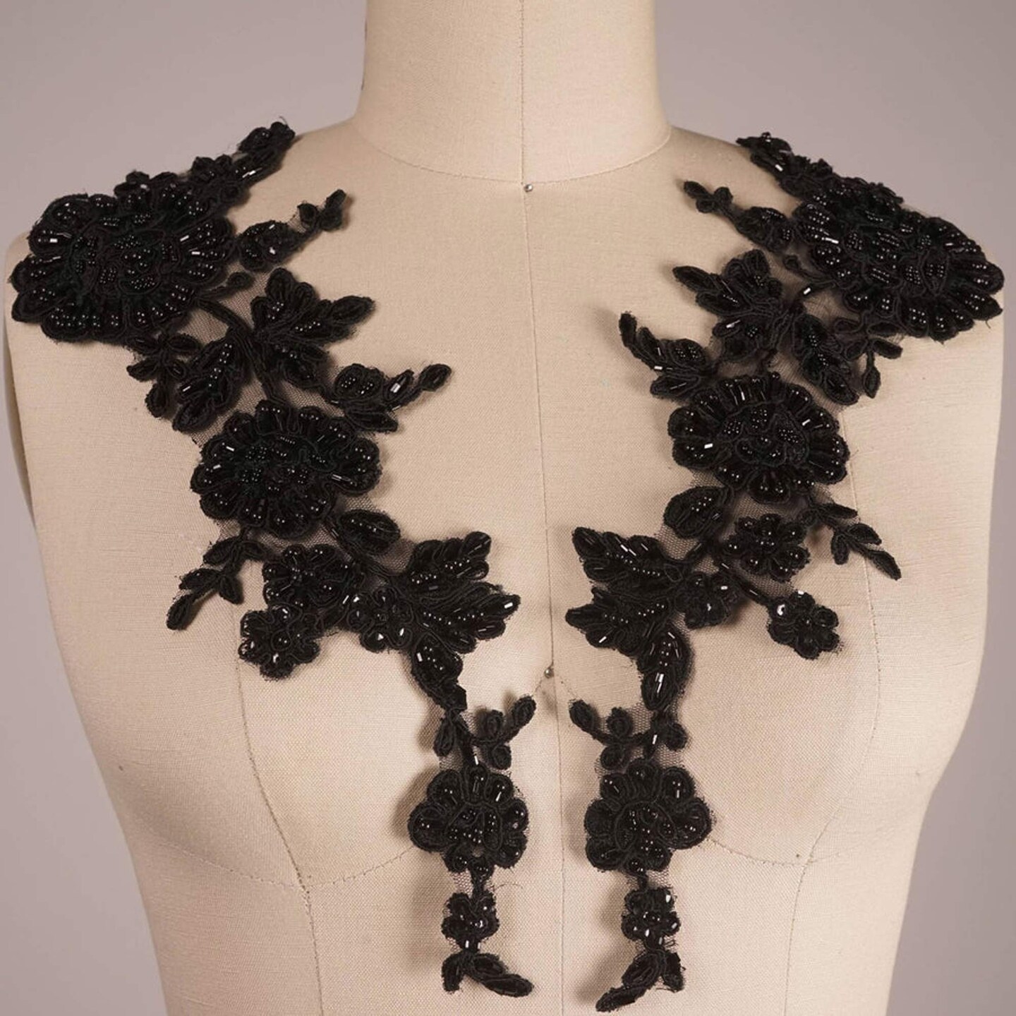 1 Pair Black Beaded Lace Flower Applique for Dresses and Costume Making Mirror Design Patch