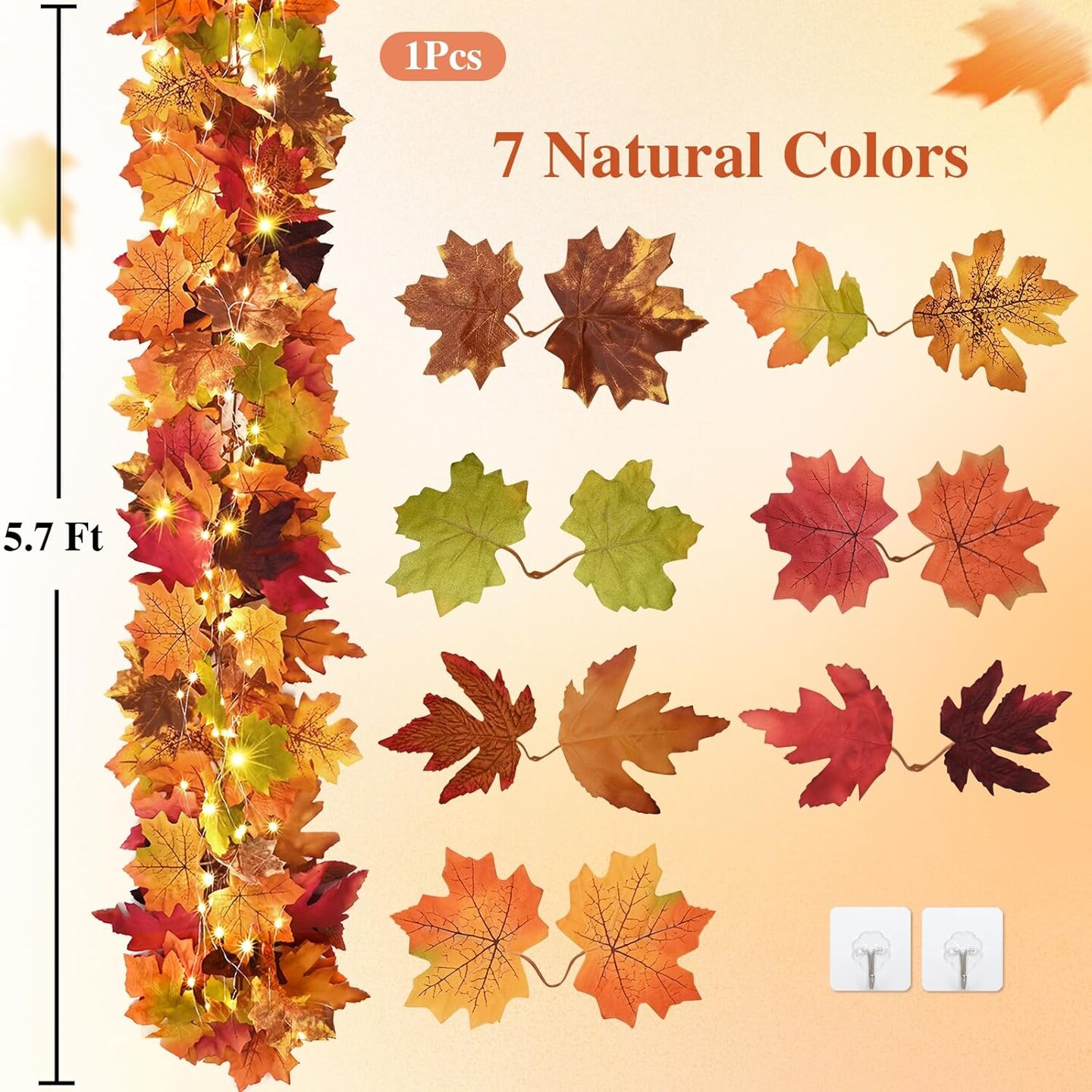 3Pcs Fall Garland with Lights - 17Ft