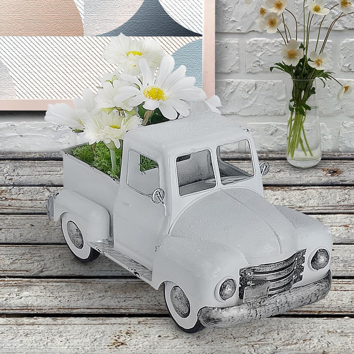 Farmhouse White Vintage Metal Truck – Rustic Pickup Planter for Indoor/Outdoor Fall & Tabletop Decor