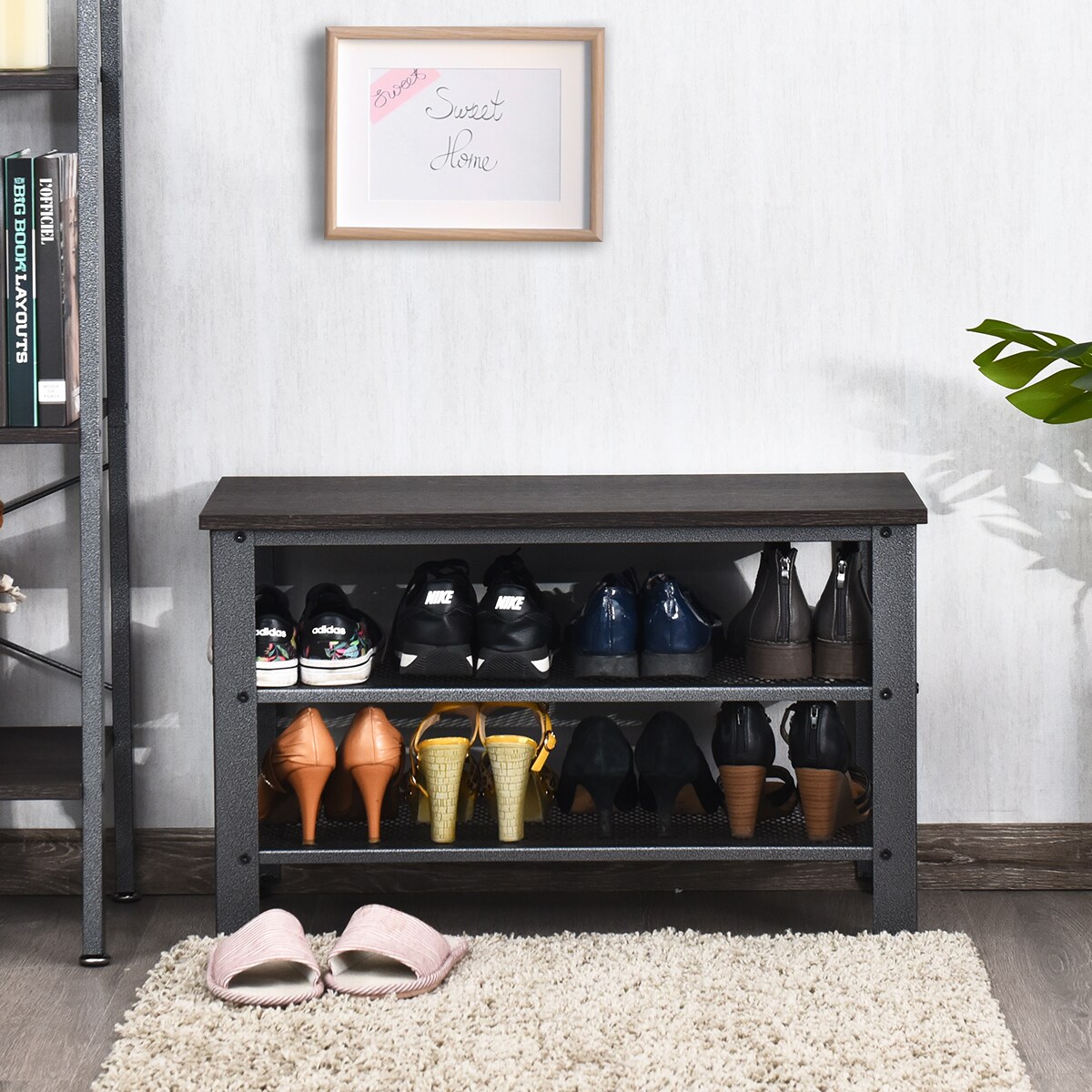3-Tier Shoe Rack,Industrial Shoe Bench with Storage Shelves for LivingRoom Grey
