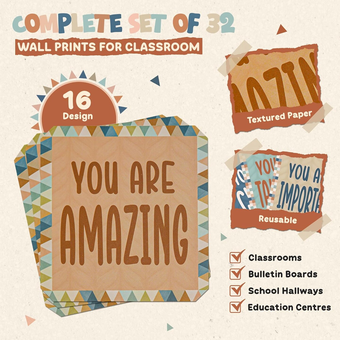 4E's Novelty 32 Pcs Boho Affirmation Wall Decor Classroom, 16 Designs Positive Affirmations Bulletin Board Set, Classroom Affirmation Station for Teacher Supplies Growth Mindset Boho Classrooms Decor