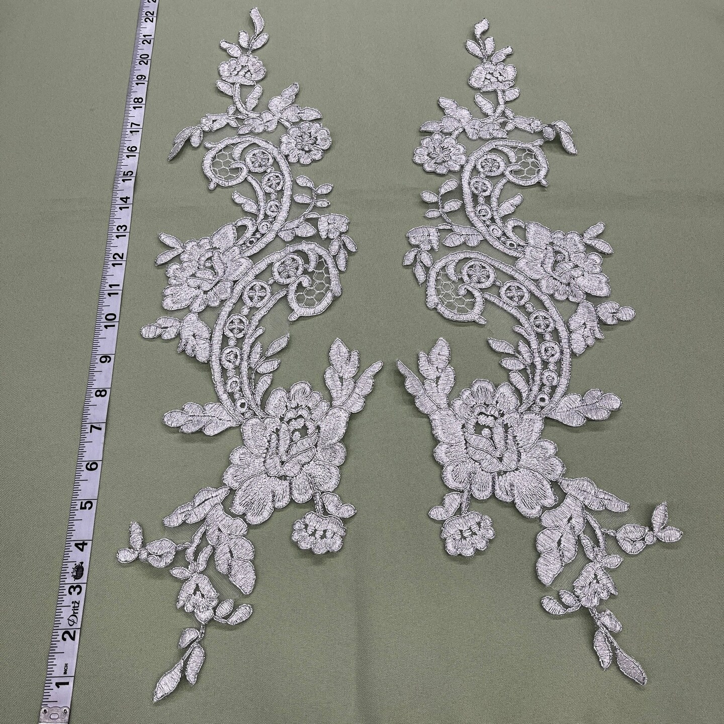 1 Pair Corded Floral Lace Applique 100% Polyester Net Mesh 22" x 5" Per Side