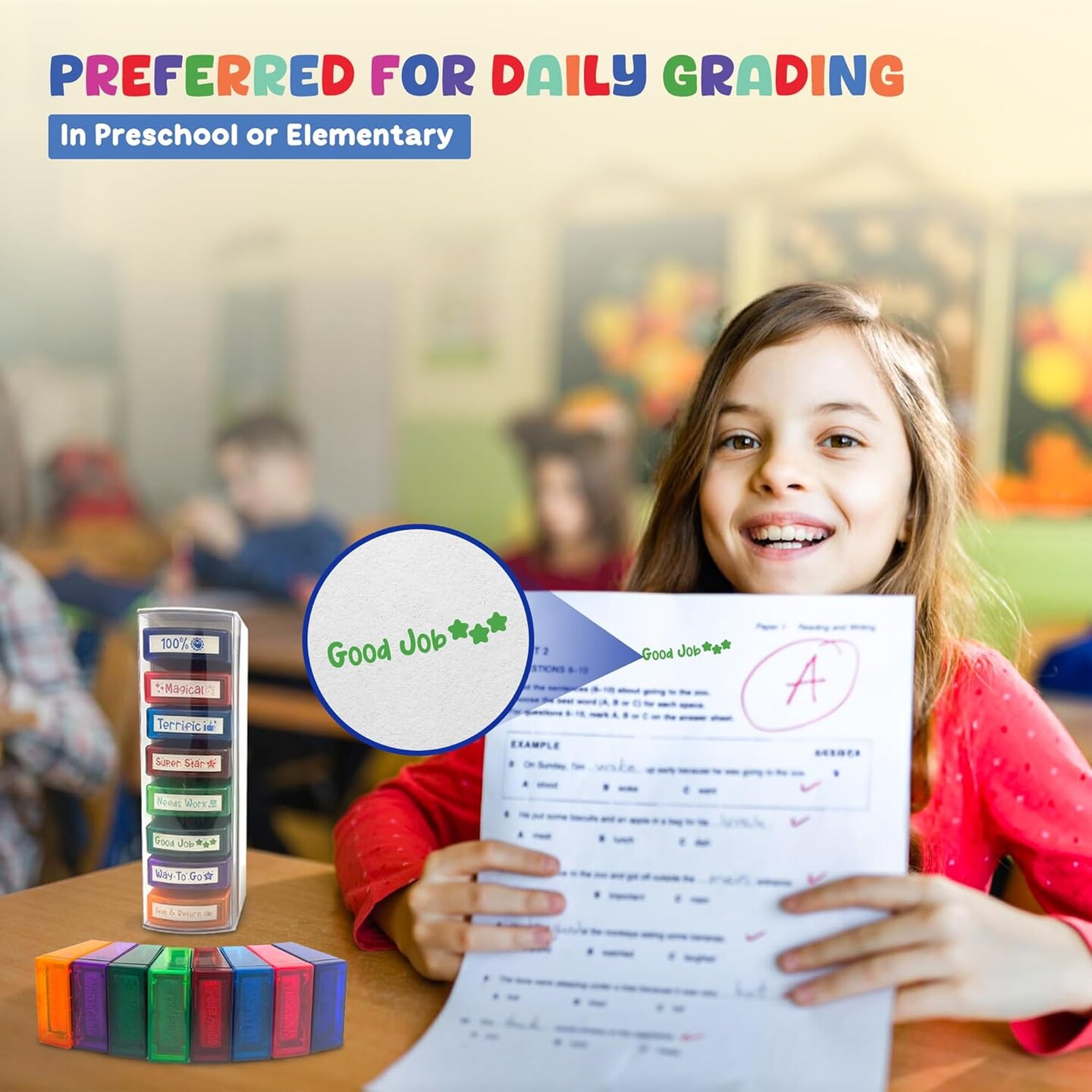 4E's Novelty 8 Pcs Teacher Stamps for Classroom Grading, Self Inking Teacher Stamp with Signs, Multicolor Grading Stamps for Teachers Elementary, School Stamps for Kids 3+, Homework Stamp Set