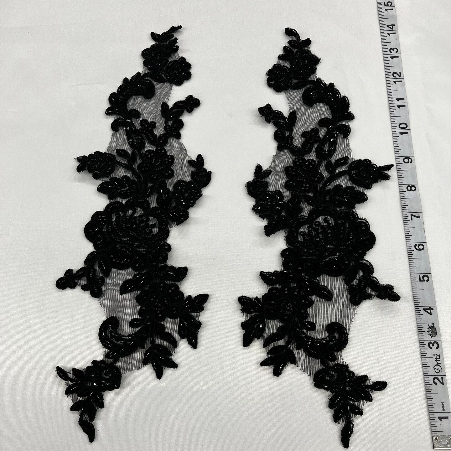 1 Pair Beaded &#x26; Corded Floral Lace Applique Embroidered on 100% Polyester Net Mesh 15&#x22; X 3.5&#x22; Each Side