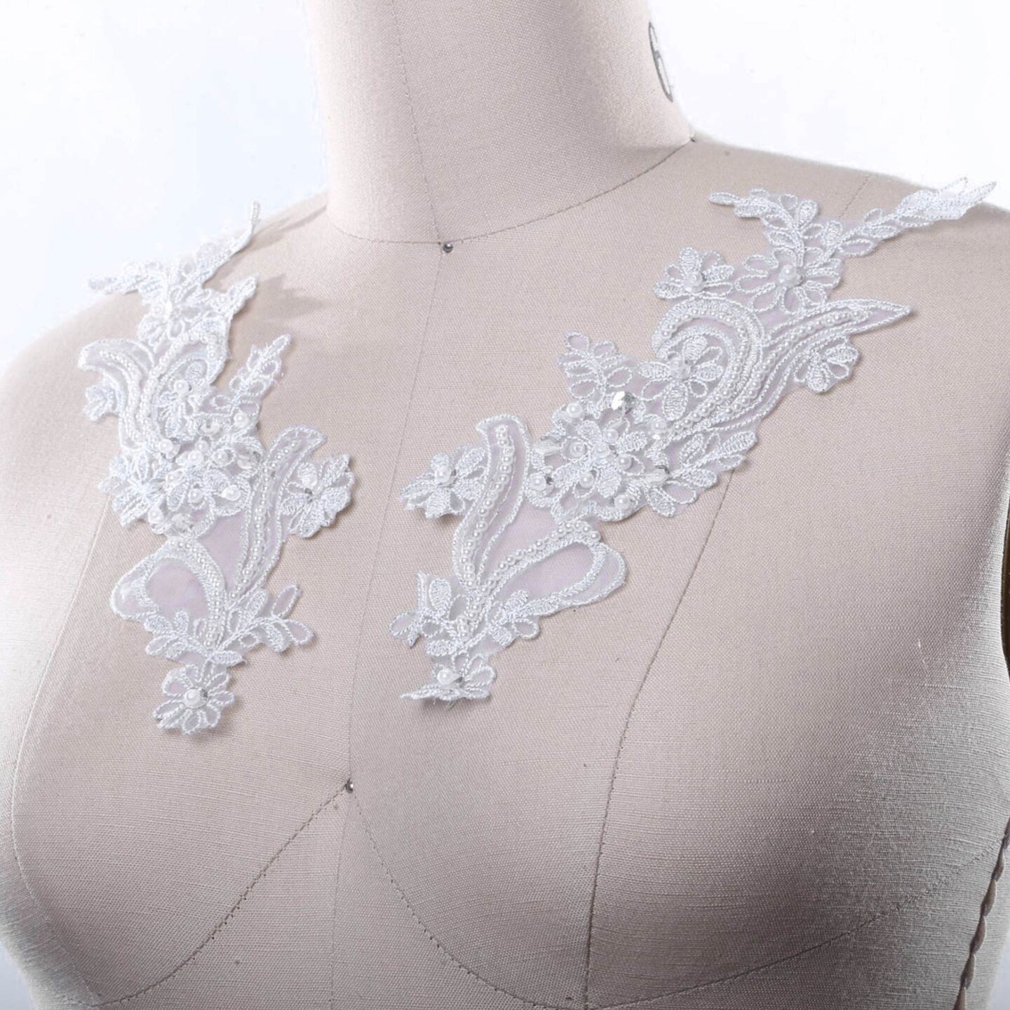 2 Pieces White Lace Appliques with Pearl and Sequin Details for Costumes and Gowns