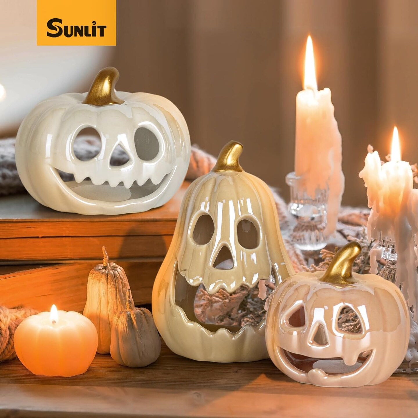 Set of 3 -Ceramic Pumpkin with 3 Tea Lights, Jack-O-Lantern Candle Holder