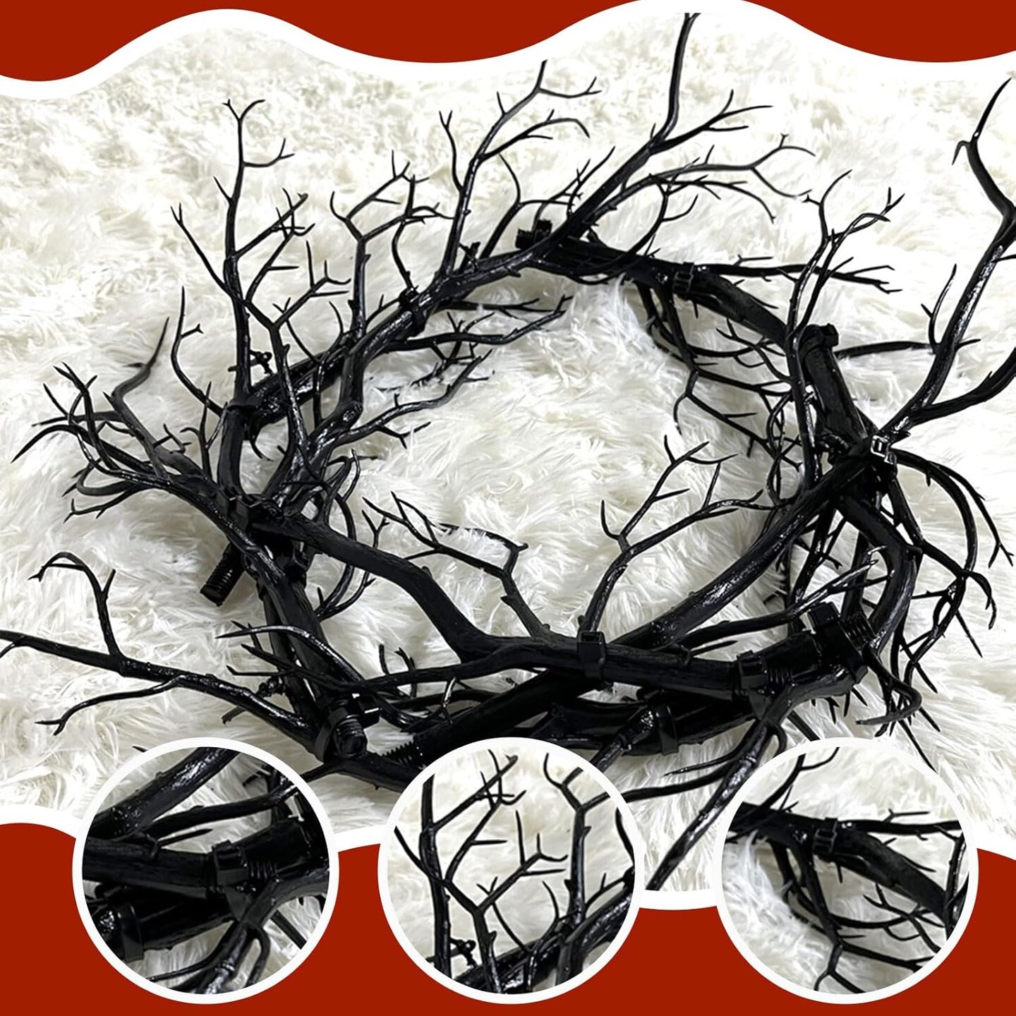 Halloween Black Branch Wreath Signs with Red Light
