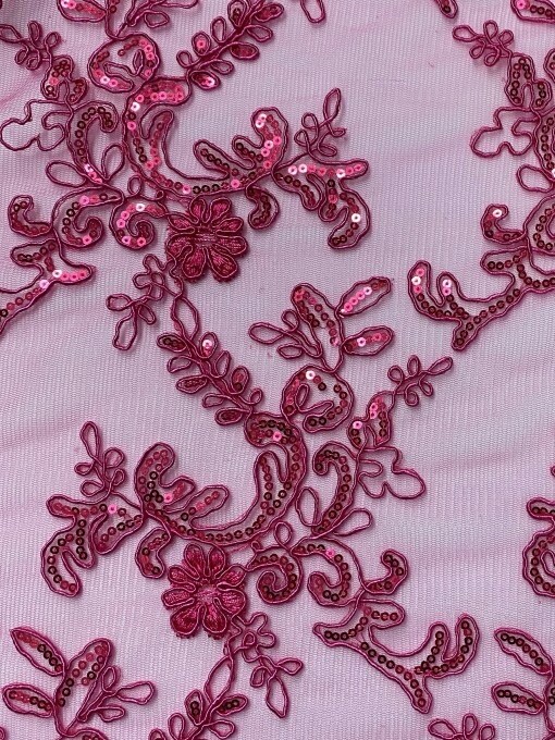 1 Yard Fuchsia Corded Sequin Lace Mesh Fabric with Scalloped Edge 54” Wide