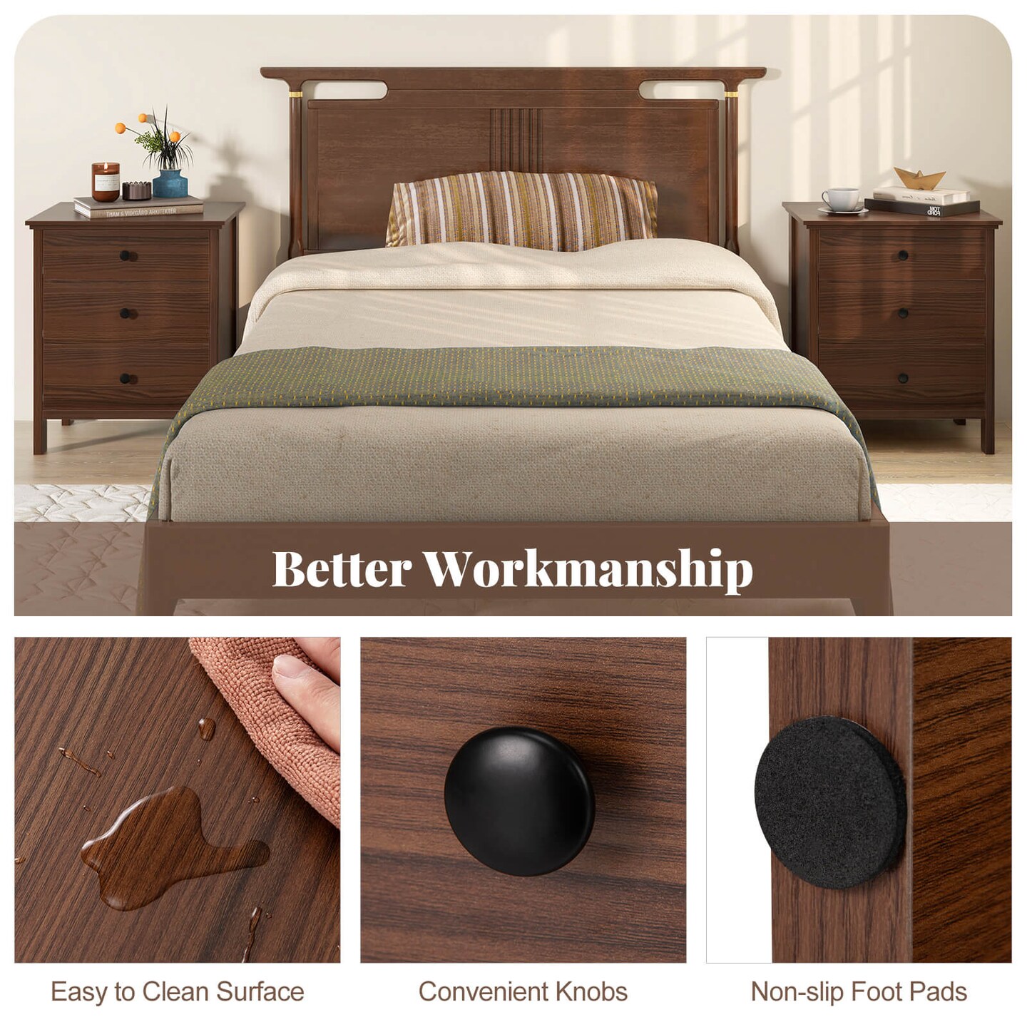 Costway Nightstand with 3 Drawer for Bedroom Compact Storage Chest Modern Sofa Side