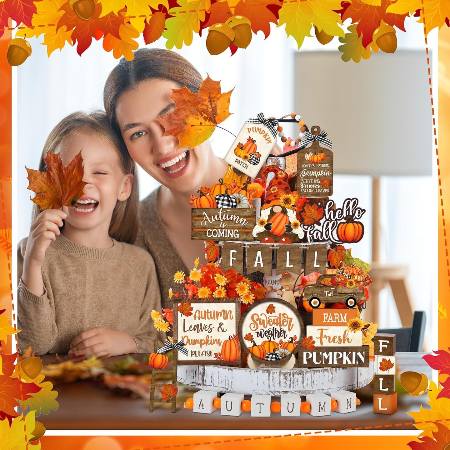 21 Pcs Fall Thanksgiving Tiered Tray Decor Set Pumpkin Gnome(Vintage)