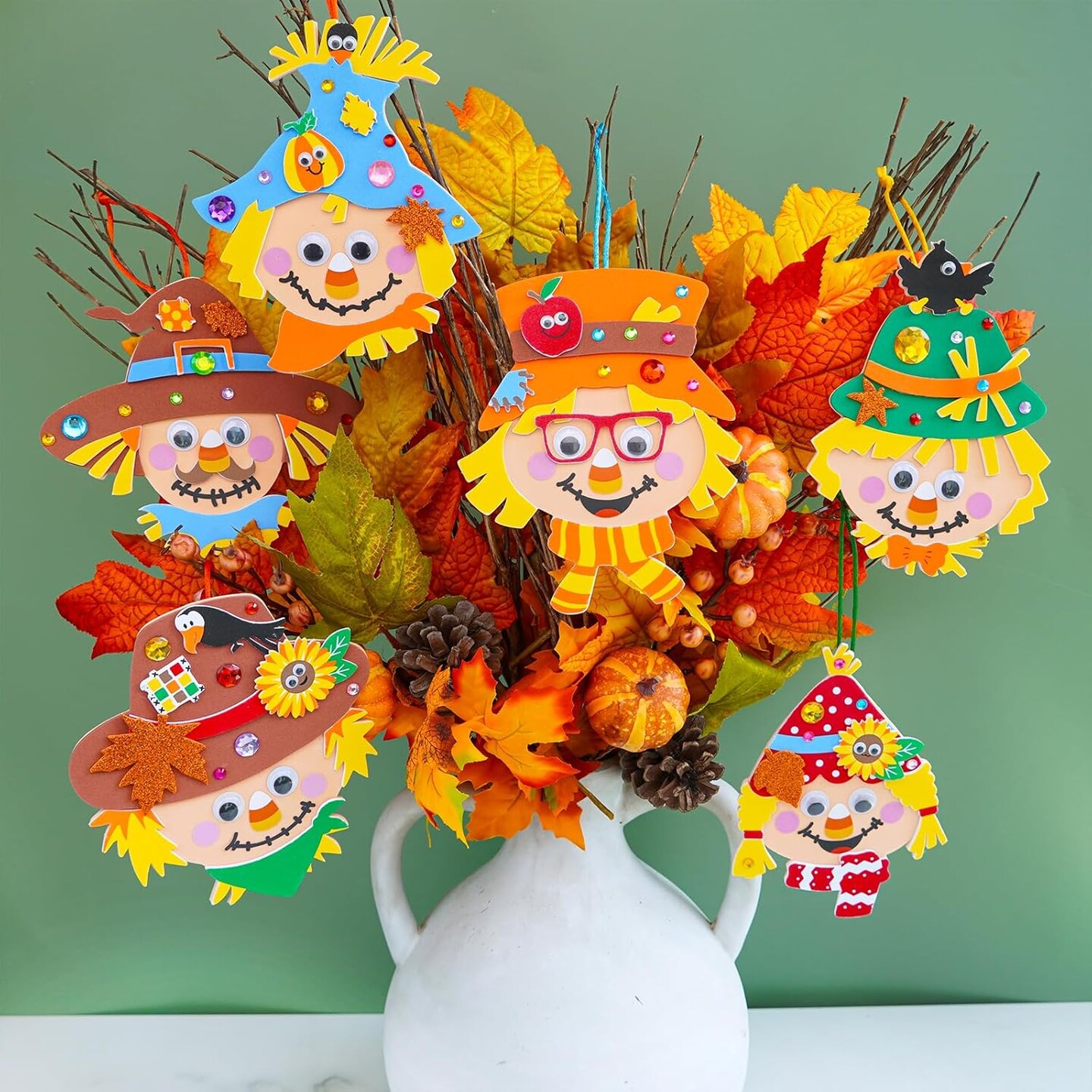 24 Sets Fall Scarecrow Craft Kits for Kids &#x2013; DIY Autumn Scarecrow Head Ornaments with Foam Harvest Stickers, Maple Leaves &#x26; Pumpkins, Arts and Crafts for Classroom, Holiday Parties, and Thanksgiving Favors (Green,Orange) 3 x 2 x 5 inches
