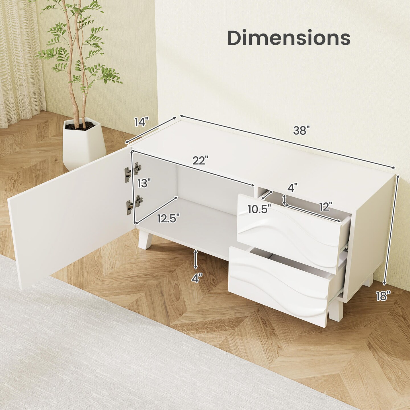 Costway 38&#x22; TV Stand for 44-Inch TV with DrawersEngraved Media Console Cabinet White